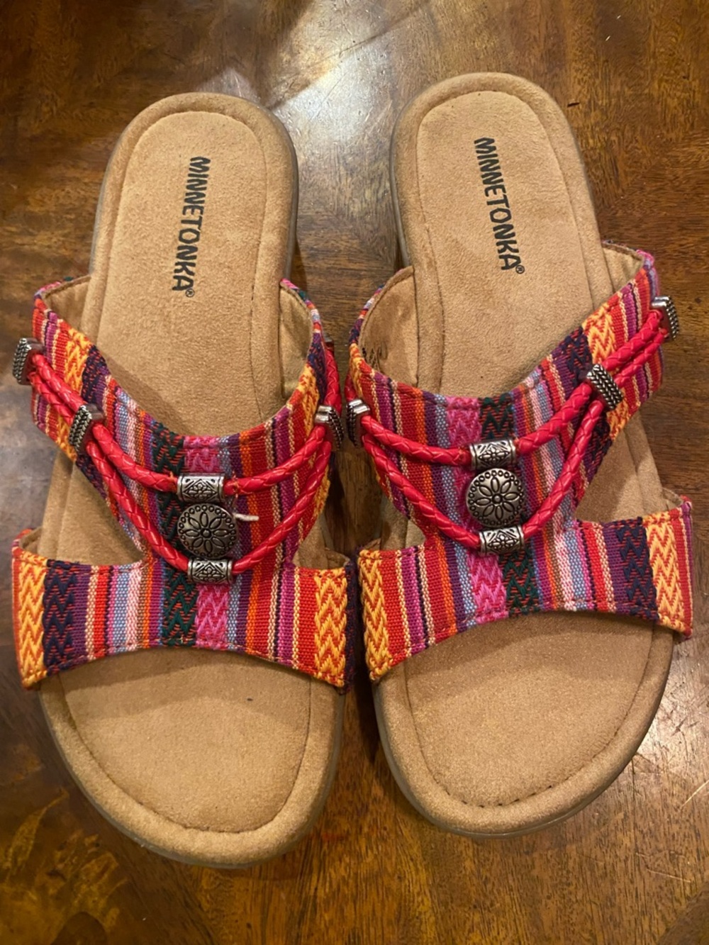 Minnetonka Red Multicolor Braided Strap Slide Sandals
